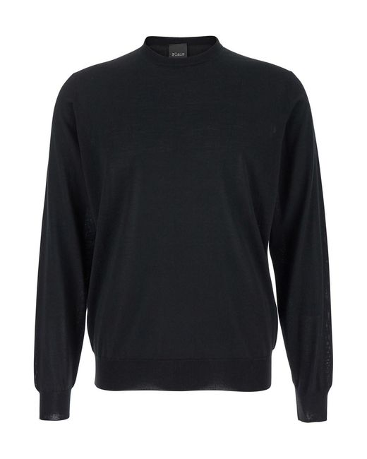 Le Plain Black Crew Neck Sweater With Long Sleeves And Ribbed Finishes for men
