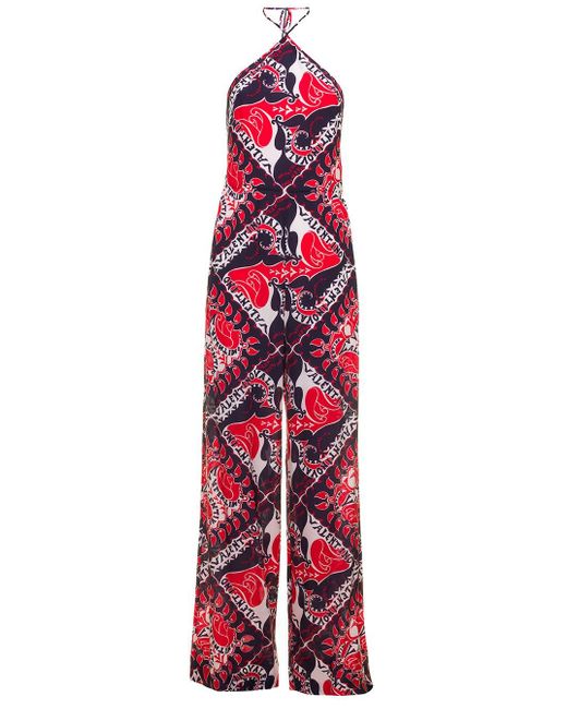 Valentino Red Woman's Crepe De Chine Silk Jumpsuit With Bandana Print