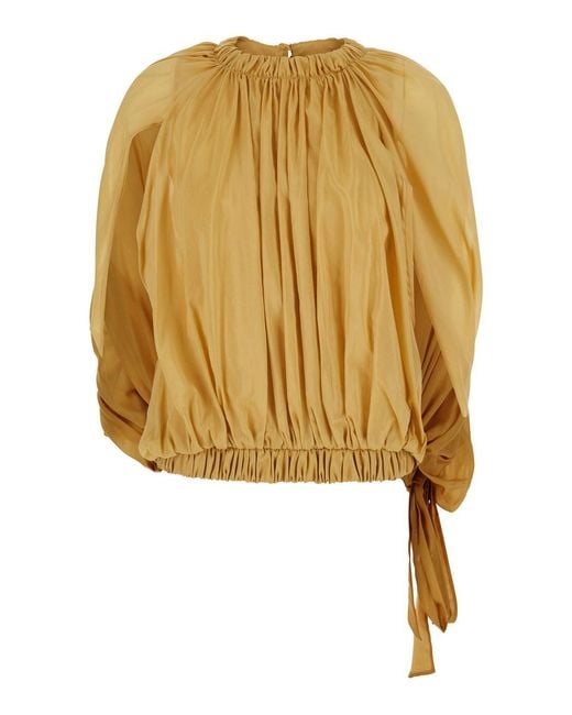 Semicouture Yellow Crop Top Crew Neck With Side Draping And Ruffles In