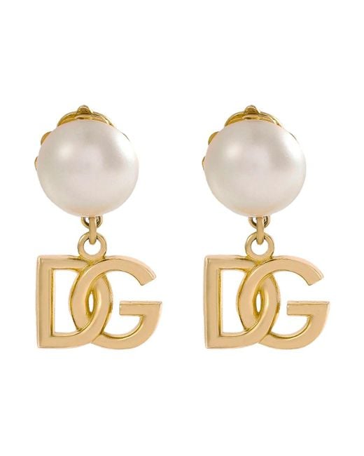 Dolce & Gabbana 'Newton' Metallic Earings With Logo Pendant And Faux-Pearl Embellishments