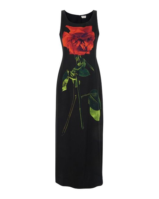 Alexander McQueen Black Floral-print Silk-satin Maxi Dress
