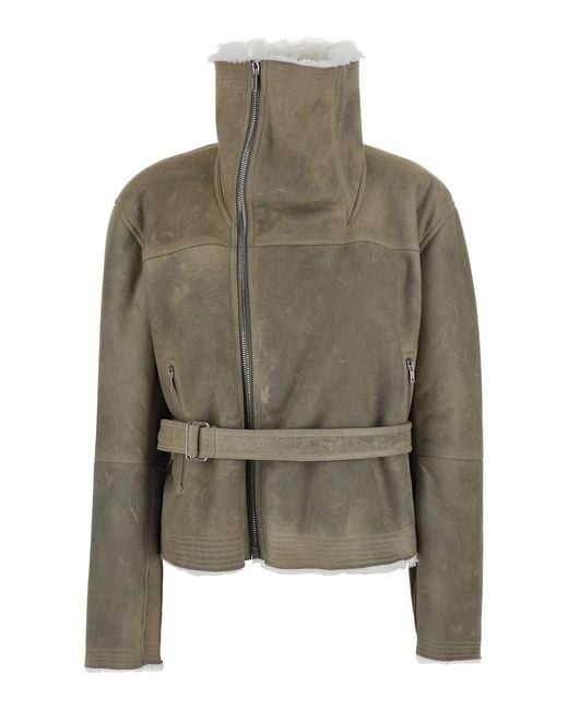 Rick Owens Green High-Neck Cropped Shearling Jacket With Off-Center Zip