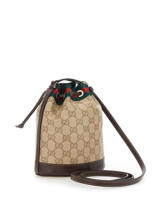 Gucci Natural Crossbody Bag With Drawstring Closure And Web Stripe