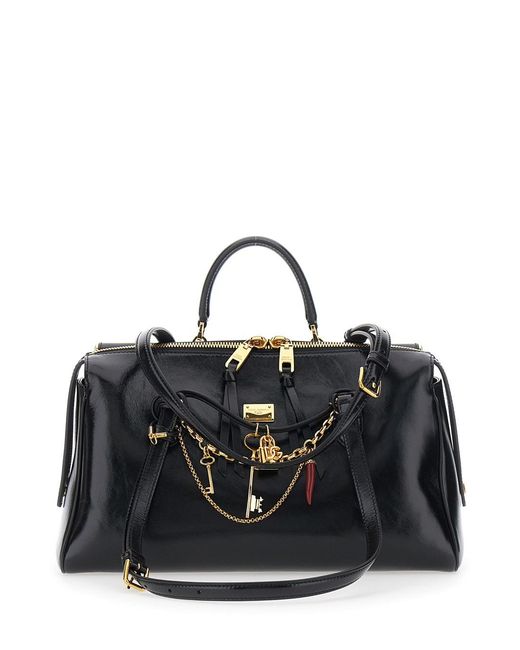 Dolce & Gabbana Black 'Vittoria' Shoulder Bag With Chain Detail And Charms On The Front