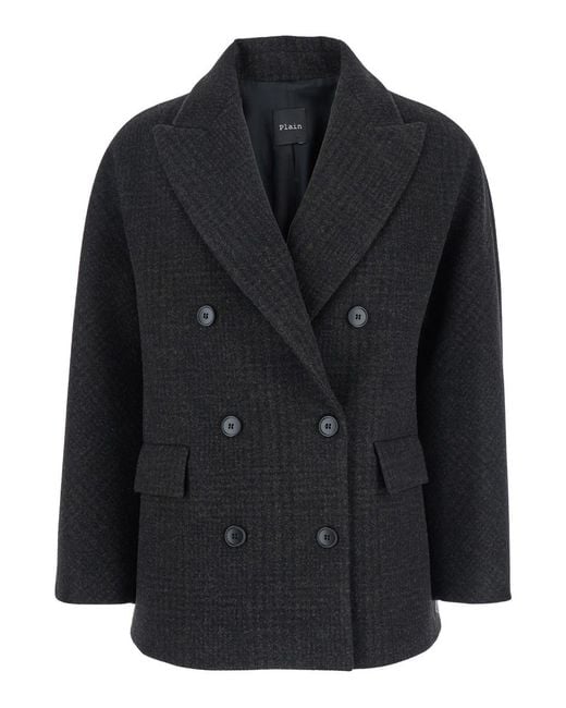 Le Plain Black Double-Breasted Jacket With Peak Revers And All-Over Che