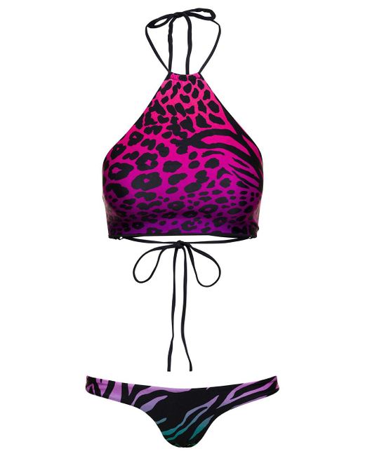 The Attico Purple Animal-print Bikini Set In Fuchsia Technical Fabric