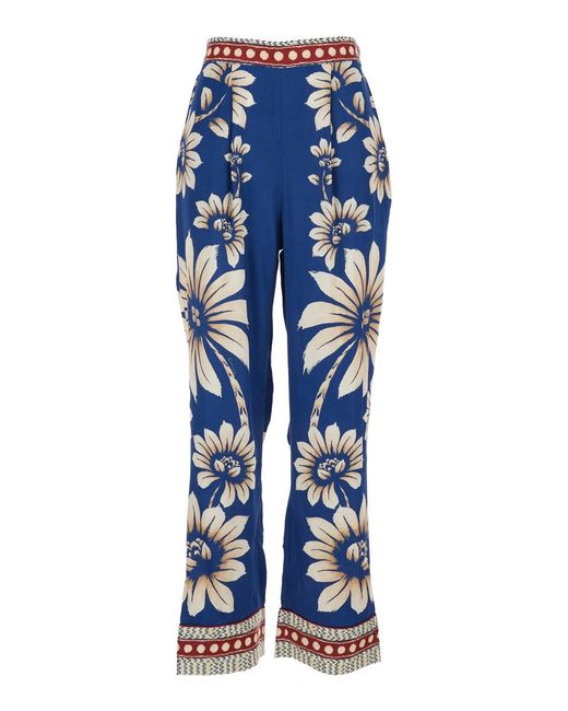 Farm Rio Blue 'Luna' Pants With Side Zip Closure And All-Over Floral M