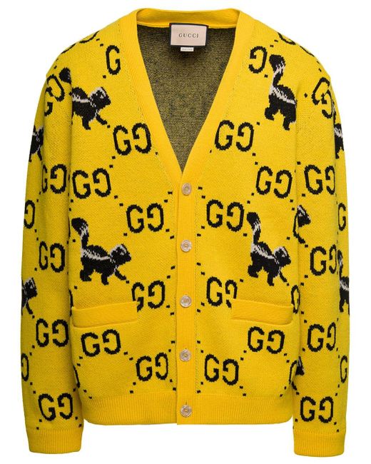 Gucci Yellow gg And Skunk Jacquard Cardigan In Wool Man for men
