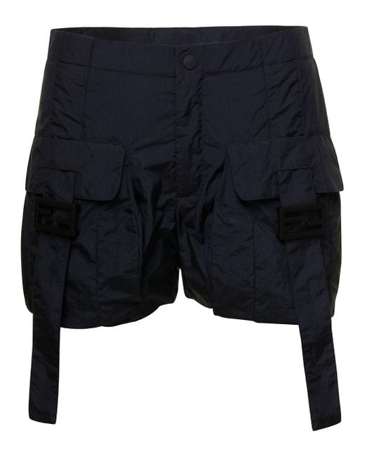 Fendi Blue Cago Shorts With Ff Baguette Buckle In Washed Nylon Womanm