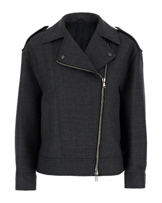 Brunello Cucinelli Black Grey Biker Jacket With Zip Closure In Wool Woman