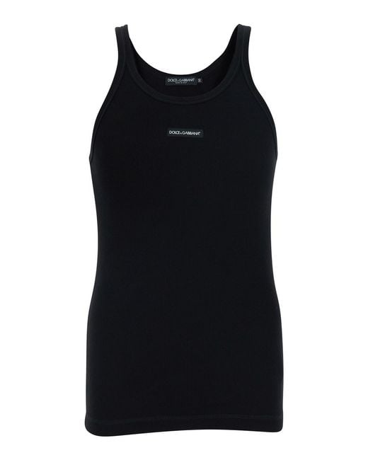 Dolce & Gabbana Black Sleeveless Top With Round Neck And Logo Patch On for men
