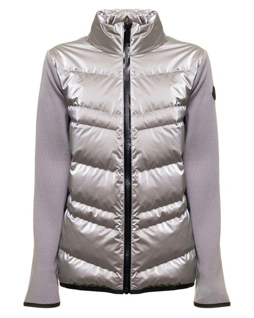 Moncler Synthetic Grey Nylon And Wool Tricot Cardigan With Logo Patch Woman  in Metallic | Lyst