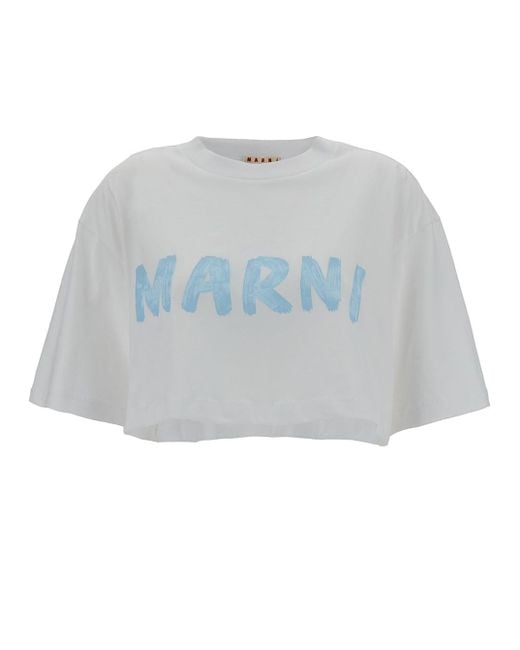 Marni Blue White Cropped T-shirt With Logo Print In Cotton Woman