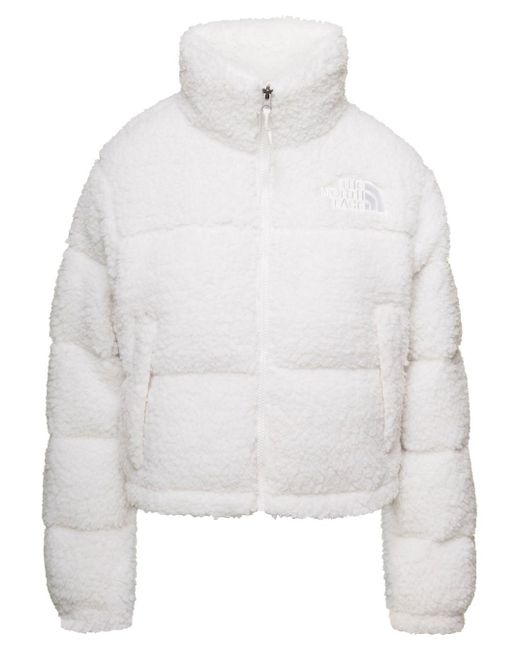 The North Face White 'nuptse' Short Hgh Pile Jacket With Logo Woman