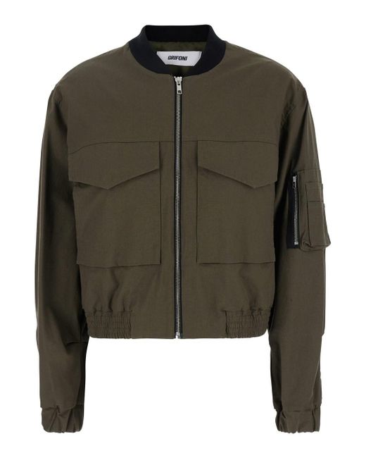 Grifoni Green Cropped Jacket With Maxi Pockets On Front And Sleeve In