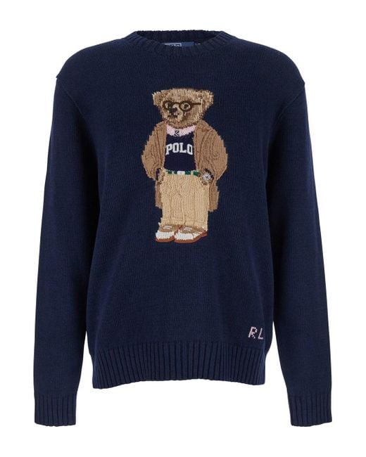 Polo Ralph Lauren Blue Sweater With Logo Embroidery On The Front And Logo Lettering On The Front for men