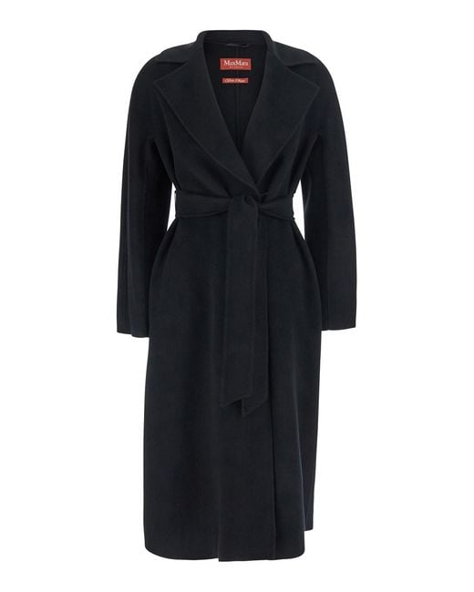 Max Mara Black Coat With Wide Notched Revers And Front Belt Clos