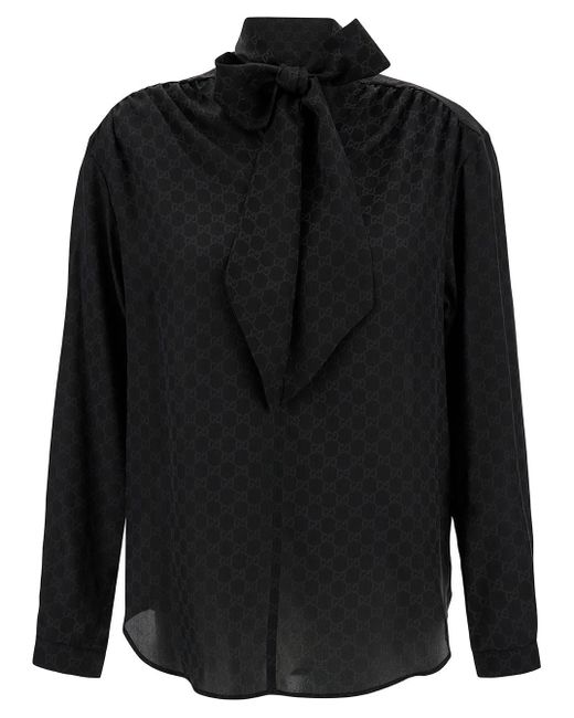 Gucci Black Shirt With Self-Tie Bow And All-Over Gg Print