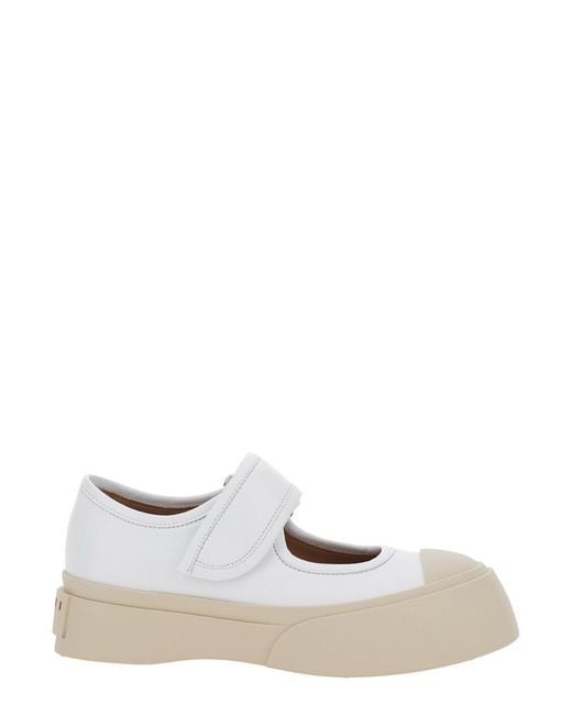 Marni White 'Mary Jane' Sandals With Touch-Strap Closure And Logo Patch On The Rear
