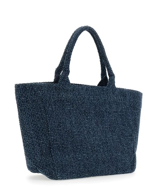 Ganni Blue Shopper With Lettering Logo And Teddy Bear On Front