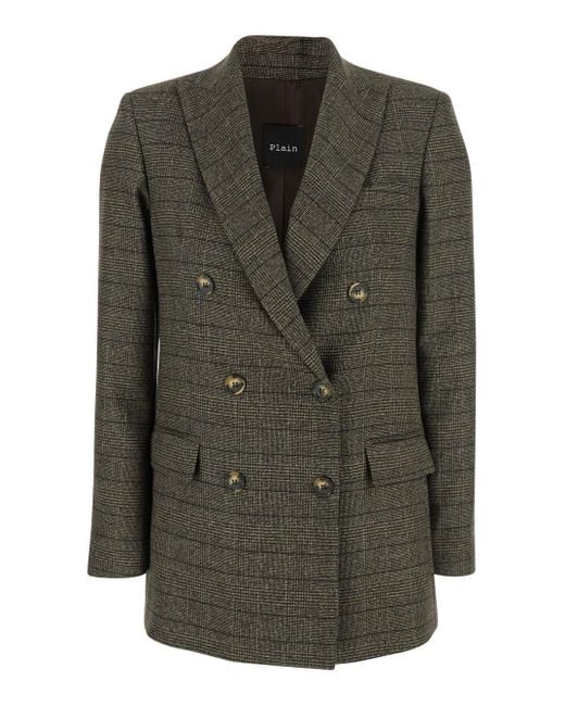 Plain Green Double-Breasted Jacket With Peak Revers And All-Over Strip