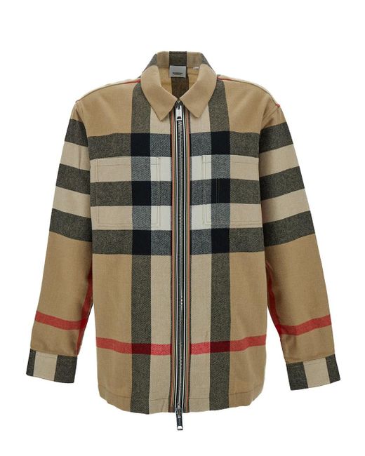 Burberry Green Zip-Up Shirt With All-Over Check Print for men