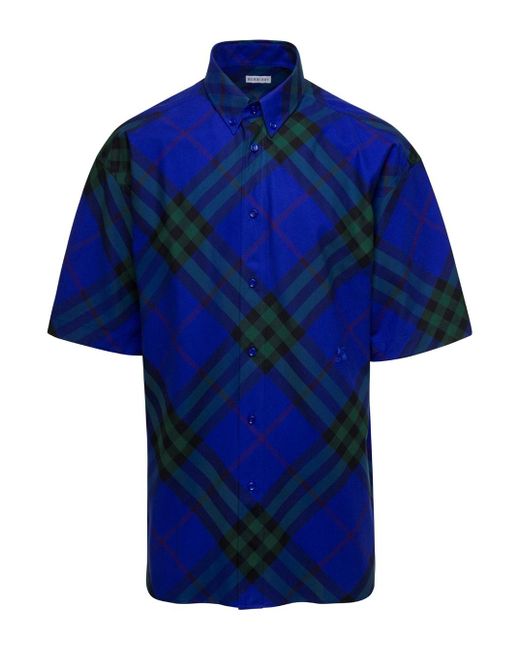 Burberry Blue Shirt With Check-Pattern for men