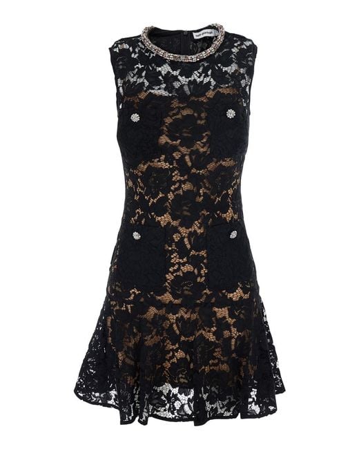 Self-Portrait Black Mini Dress With All-Over Lace Embroidery And Crystal Decoration