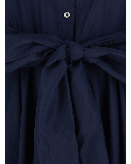 Le Plain Blue Long Dress With Adjustable Waist Belt And Cuban Collar In