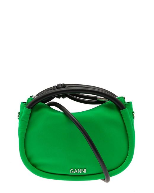 Ganni Green 'knot Mini' Shoulder Bag With Logo And Knot Detail In Recycled Fabric And Leather Woman