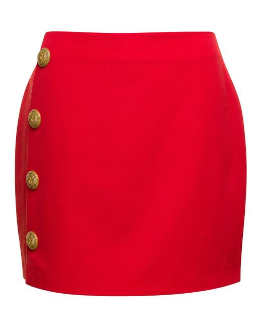 Balmain Red 4 Buttons Asymetric Short Skirt