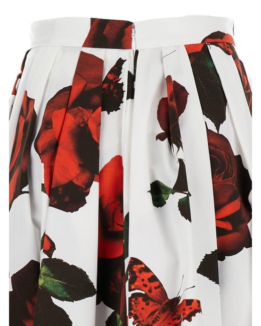 Alexander McQueen Red Tudor Rose Print Pleated Midi Skirt