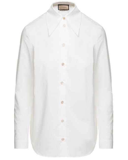 Gucci White Shirt With Oversized Pointed Collar And Logo Detail In Cotton