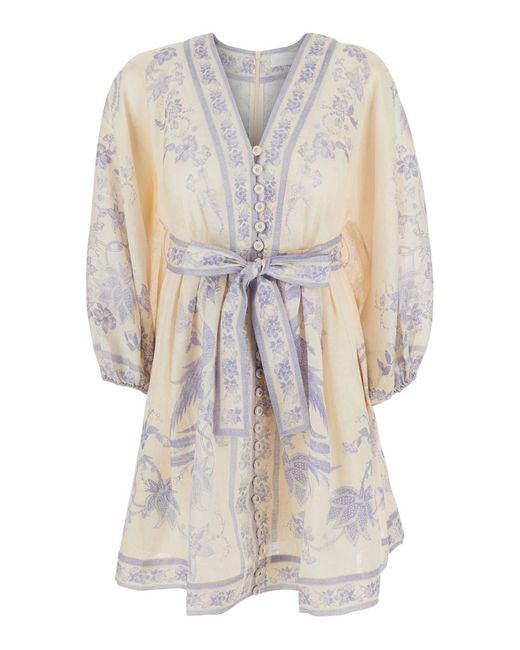 Zimmermann White Indra Plunge Mini Dress With V-Neck And Long Sleeves