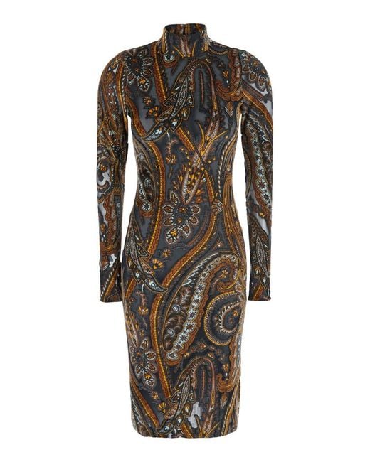 Etro Multicolor Dress Devorè With Long Sleeves And Round Neckline