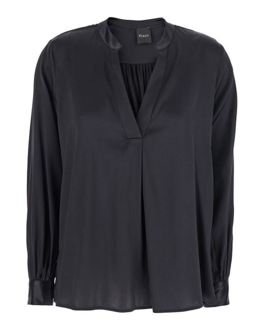 Le Plain Black Blouse With V Neck And Buttoned Cuffs