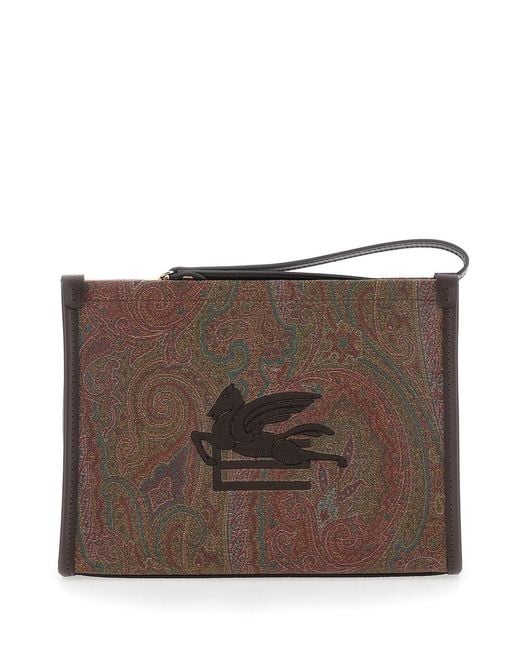 Etro Brown 'Arnica' Clutch With Embroidered Logo On The Front And All-Over Motif
