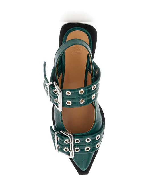 Ganni Green Feminine Buckle Ballerinas