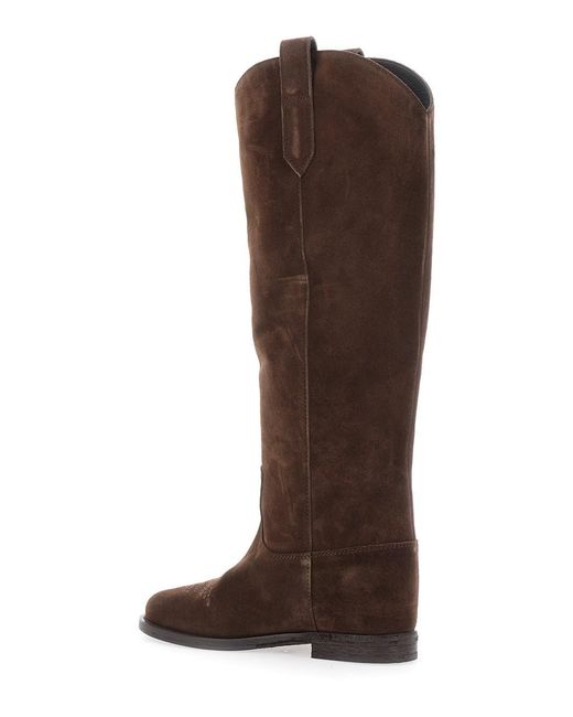 Via Roma 15 Brown Pointed Boots With Western-Style Shaft And Stitching