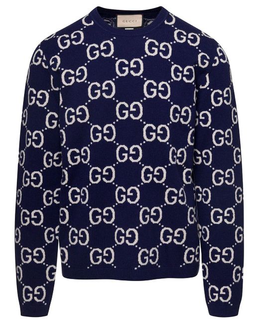 Gucci Blue E Sweater With Jacquard gg Motif In Wool Man for men