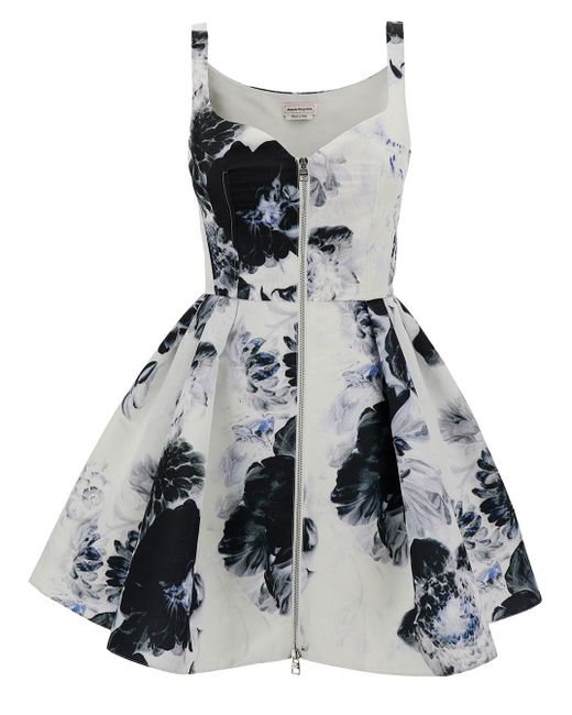 Alexander McQueen Mini White And Black Dress With All-over Chiaroscuro Print In Polyfaille