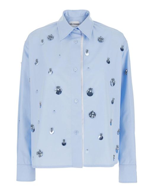Des Phemmes Blue Shirt With Classic Collar And Embellishments On