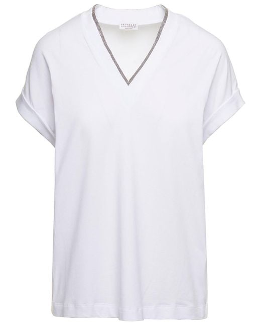 Brunello Cucinelli White V-Neck T-Shirt With Monile Detail