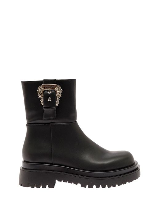 Versace Jeans Black Leatherette Chuncky Ankle Boot With Baroque Buckle Woman