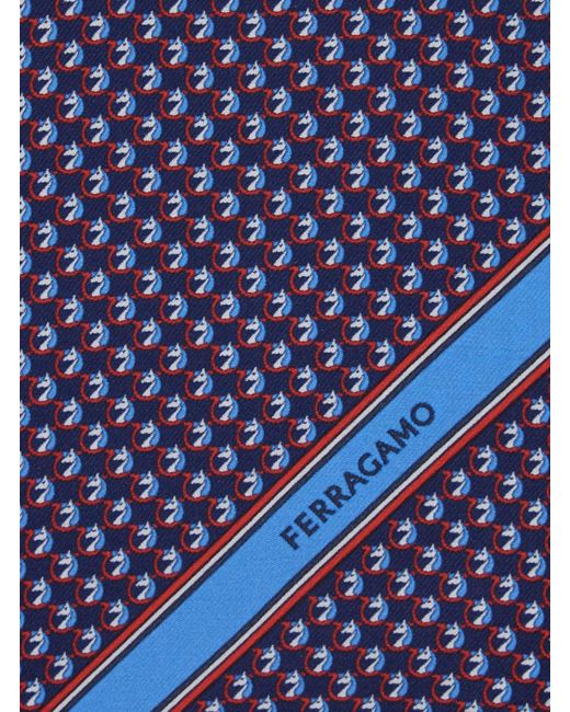 Ferragamo Blue Pocket Square With Gancini Print And Logo Lettering for men