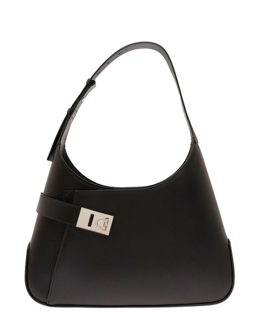 Ferragamo Black Hobo Shoulder Bag With Asymmetric Pocket And Gancini Buckle