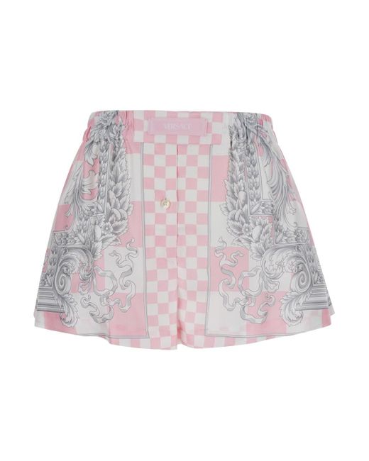 Versace Pink Bermuda Shorts With Baroque Chessboard Print