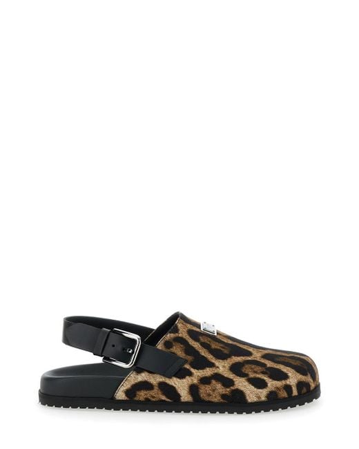 Mule Con Placca Logo Sul Fronte Motivo Animalier di Dolce & Gabbana in Black da Uomo