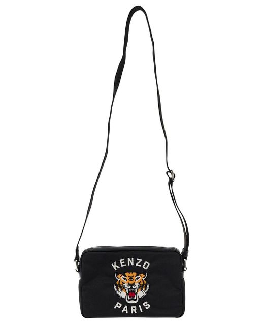 KENZO White ' Varsity' Black Crossbody Bag With Tiger Embroidery In Nylon Man for men