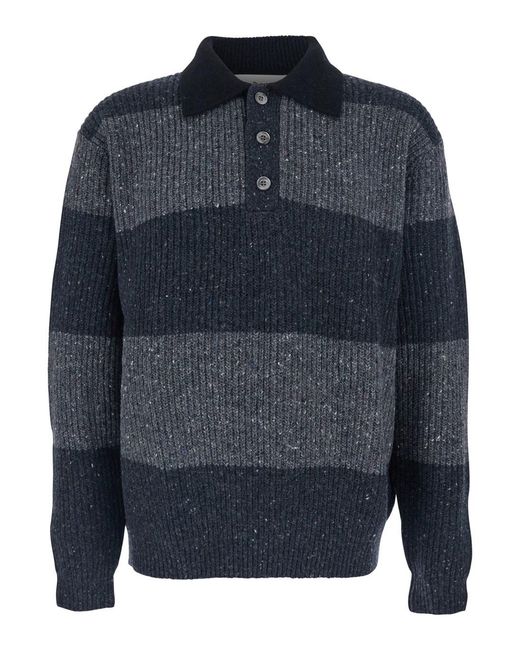 DUNST Blue Polo Shirt With Ribbed Design And Striped Motif for men